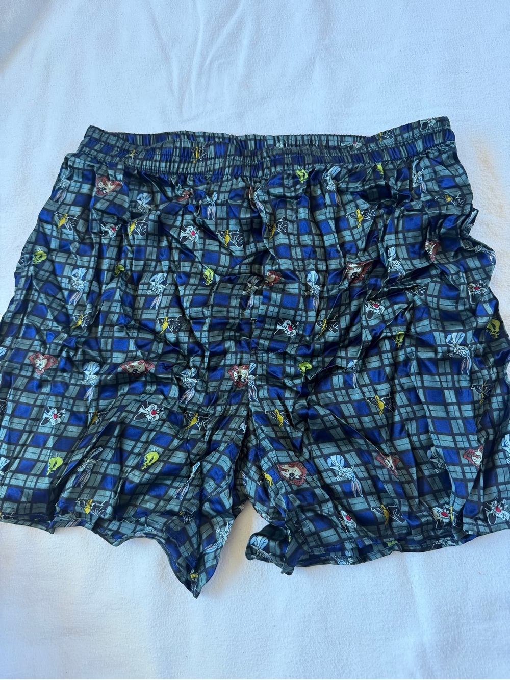 VTG Looney Tunes Bugs Bunny Tweety Taz Silk Plaid Blue Gray Boxer Shorts m